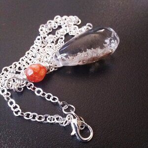 Clear Quartz w. Natural Rock Inclusions + Orange Agate Top Bead! Chain Included